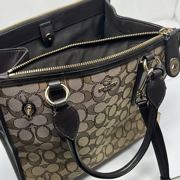 Coach Jacquard Logo and Brown Leather Satchel Shoulder Crossbody Bag - Picture 7 of 16